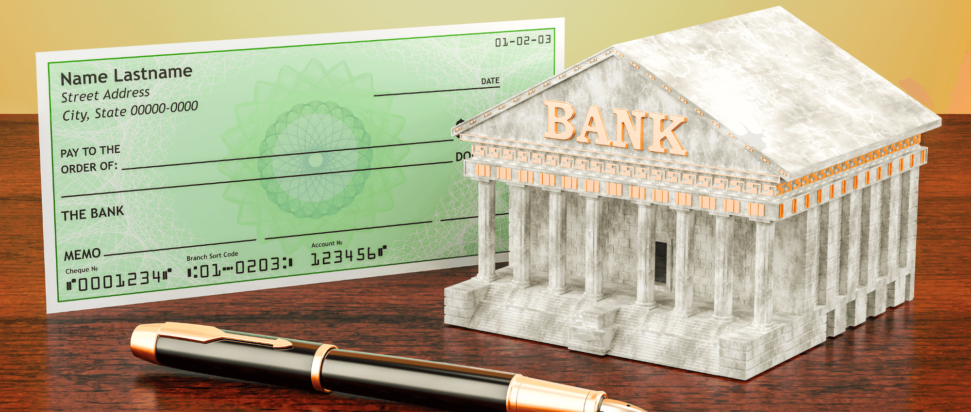 A cheque with a bank model and pen